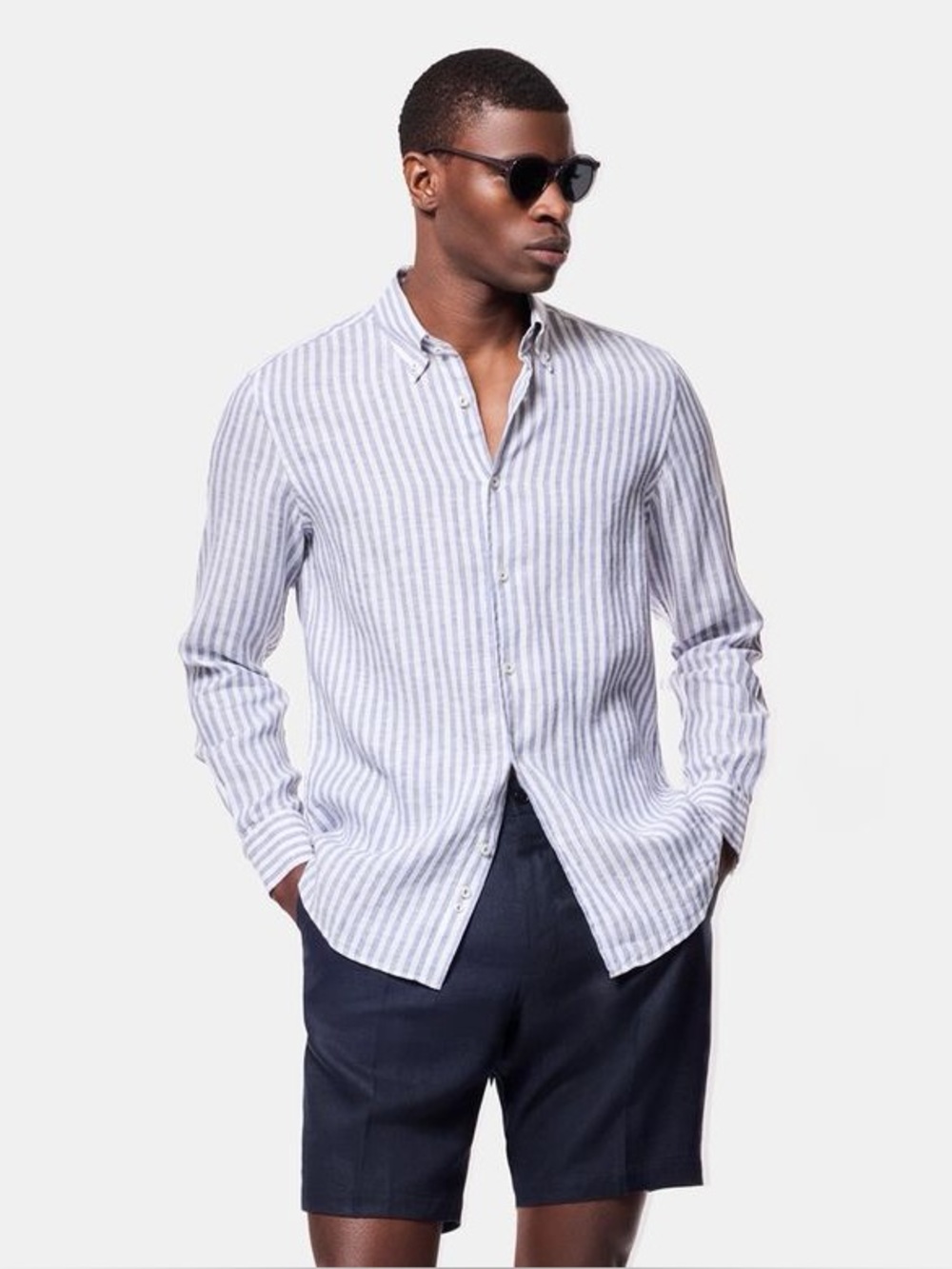 Hawes & Curtis Mens Linen Shirt Navy White Stripe Button Down Jermyn Street XL